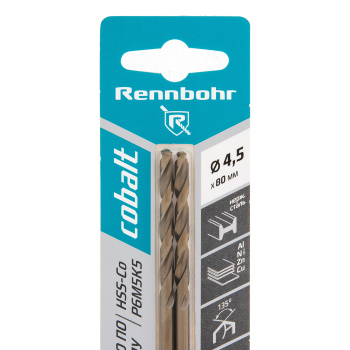 Сверло по металлу 4,50*80/47мм HSS-Co P6M5К5 (2шт) блистер арт.668045 COBALT RENNBOHR *10/40/640 Сверло по металлу 4,50*80/47мм HSS-Co P6M5К5 (2шт) блистер арт.668045 COBALT RENNBOHR *10/40/640