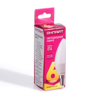 Лампа светодиодная ОНЛАЙТ, Е14, свеча C37, 6 Вт, 450 Лм, 2700 К, теплый белый